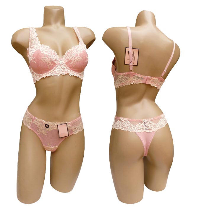 E1273-Ensemble lingerie rose/vanille - Tanga